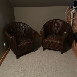 2 Brown Wicker/rattan Barrel Chairs