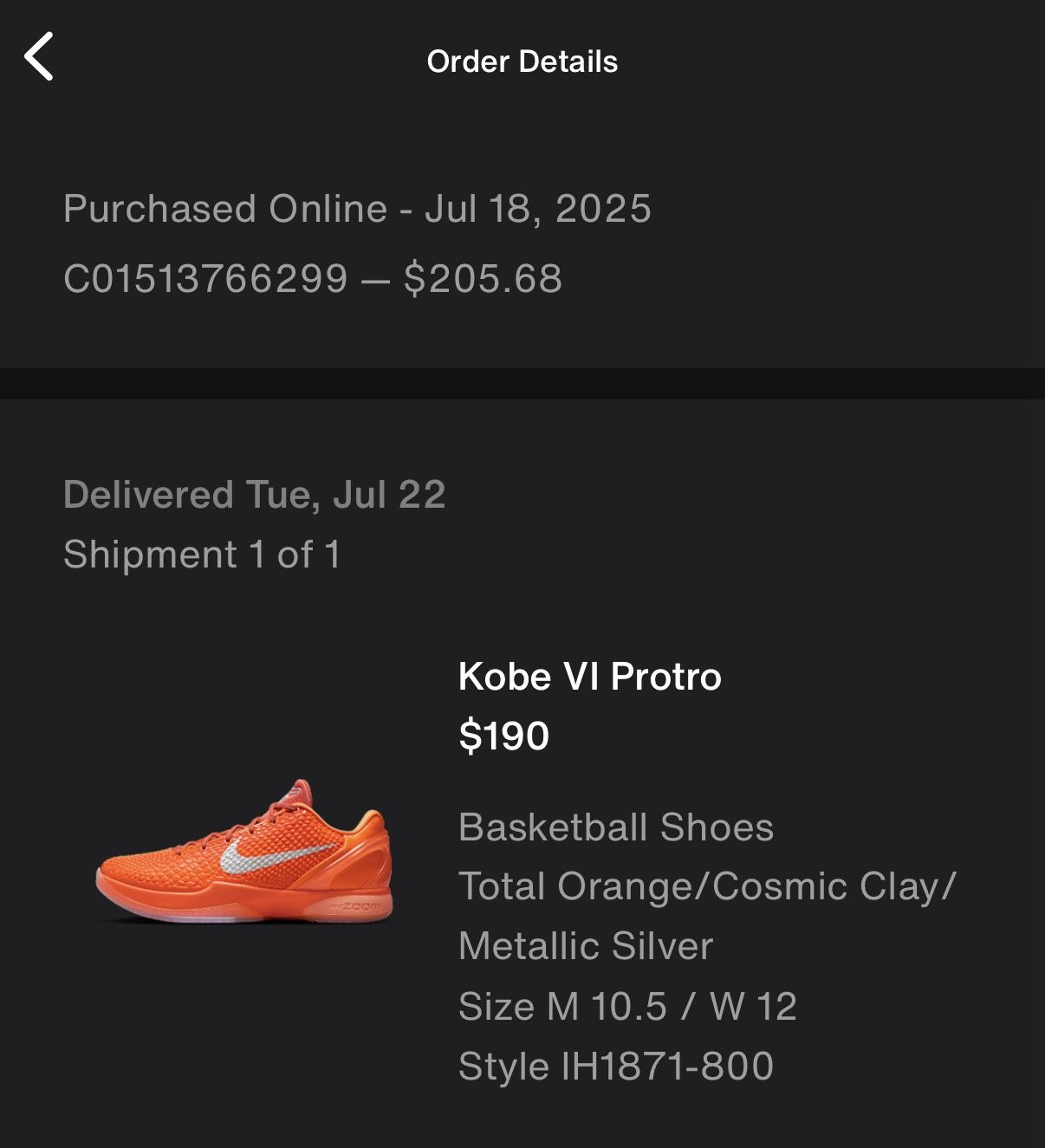 Kobe Protro 6 Orange Size 10.5
