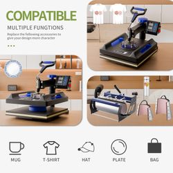 8 in 1 Pro Heat Press Machine 15 × 15 Inch, Third Generation 360° Swing Away T Shirt Press Machine with Dual-Tube Heating, Sublimation Heat Press Mach