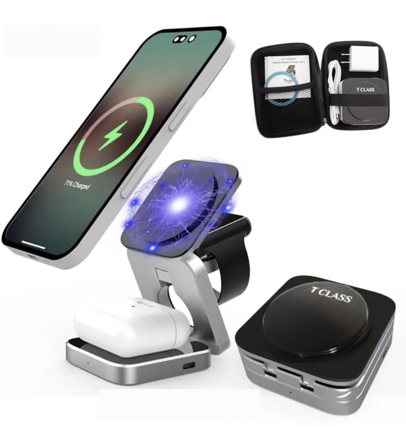 Wireless 3 in 1 Magnetic Charging Station, Portable, Foldable, Fast Charge, Travel | Black and Silver Mobile Phone Holder | with Extra Magnetic Ring |