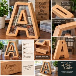 Wooden Letter Piggy Bank with Clear Front