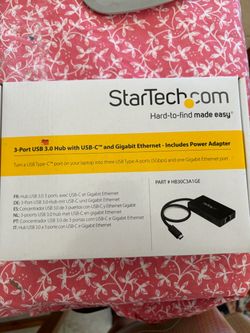 Startech 3-port USB 3.0 hub with USB—C  and Gigabit Ethernet- Includes Power adapter.