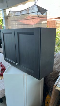 kitchen kitchen shakers. Dark brown cabinet has two doors and silver knobs