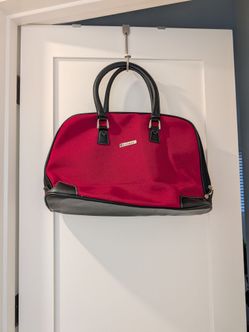 Red Canvas and Black Leather Duffle Bag