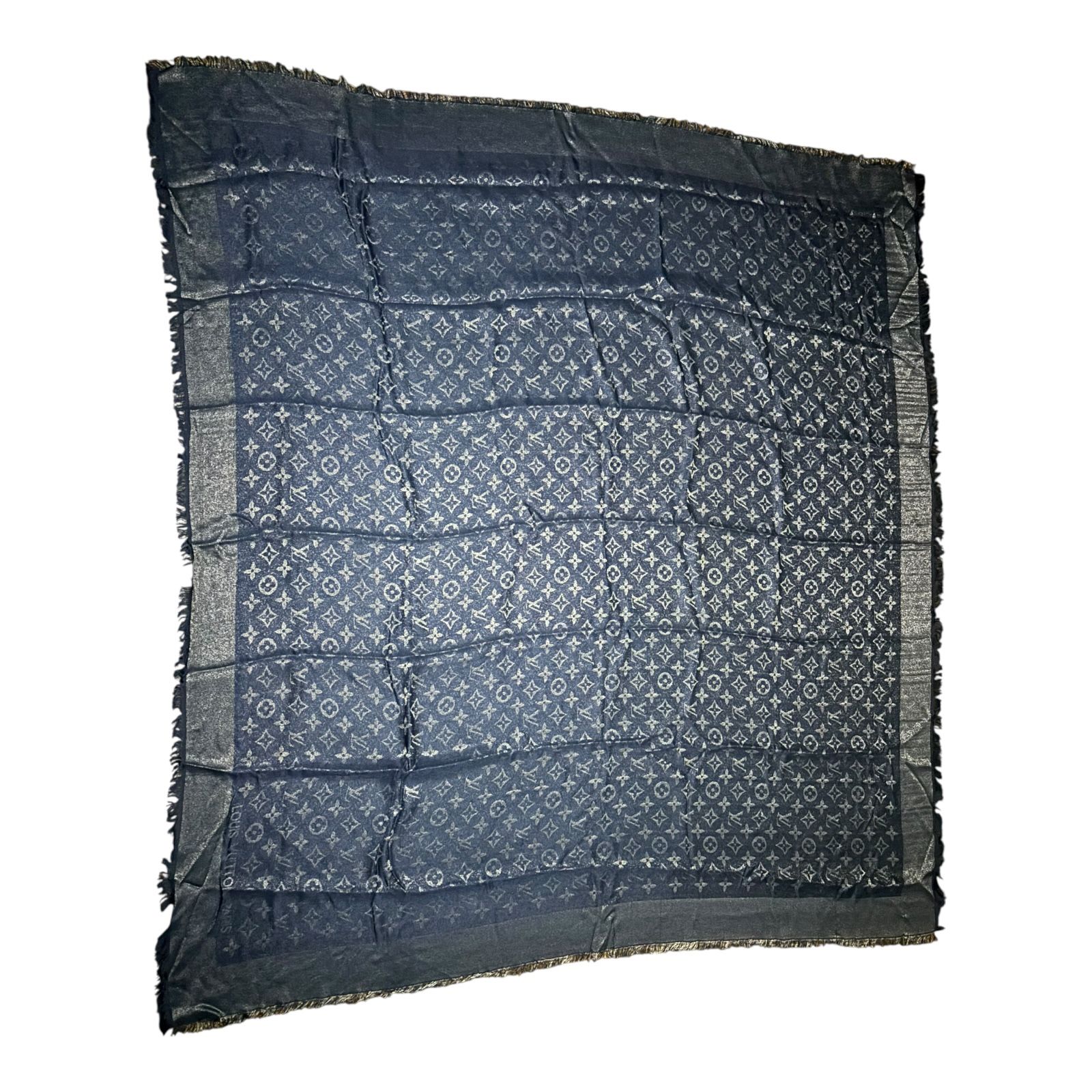 Auth. 50% Silk/30%metal/20%wool XL Louis Vuitton Monogram Shawl 56" x 52" Navy   Has some pulls, but otherwise in gray condition see pictures 