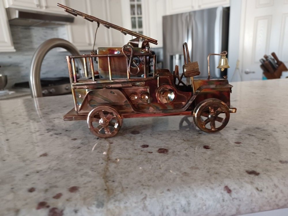 COPPER REPLICAS OF ANTIQUE FIRETRUCK & CAR MUSIC BOXES