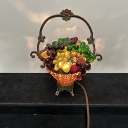 Czech Art Deco Brass and Glass Beaded Fruit Basket Illuminant Lamp 