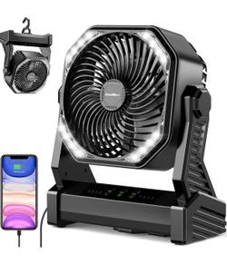 New in Box 20000mAh Battery Powered Camping Fan, 58Hrs Rechargeable Portable Fan, 400LM Light, 360° Hook,