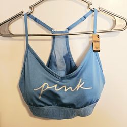 NWT PINK ACTIVE Ultimate Lightly Lined Sheer Racerback Sports Bra in Blue Size M
