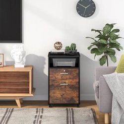 New Rustic Brown Black 2-Drawer File Cabinet Mobile Printer Stand with Lock