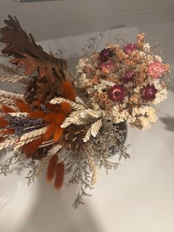 Preserved Dried Floral Arrangement + Black Glass Vase — $20 OBO