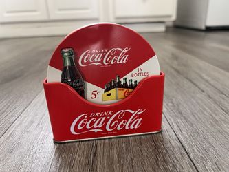 Coca-Cola set of 6 Coasters and Old fashioned Tin container great condition