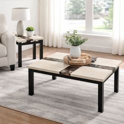 Modern Coffee Table + Side Table Set w/ Marble Inlay