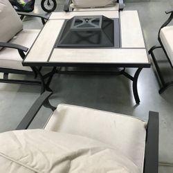 5-Piece Outdoor Conversation Set with Firepit Table and 4 Stationary Rockers