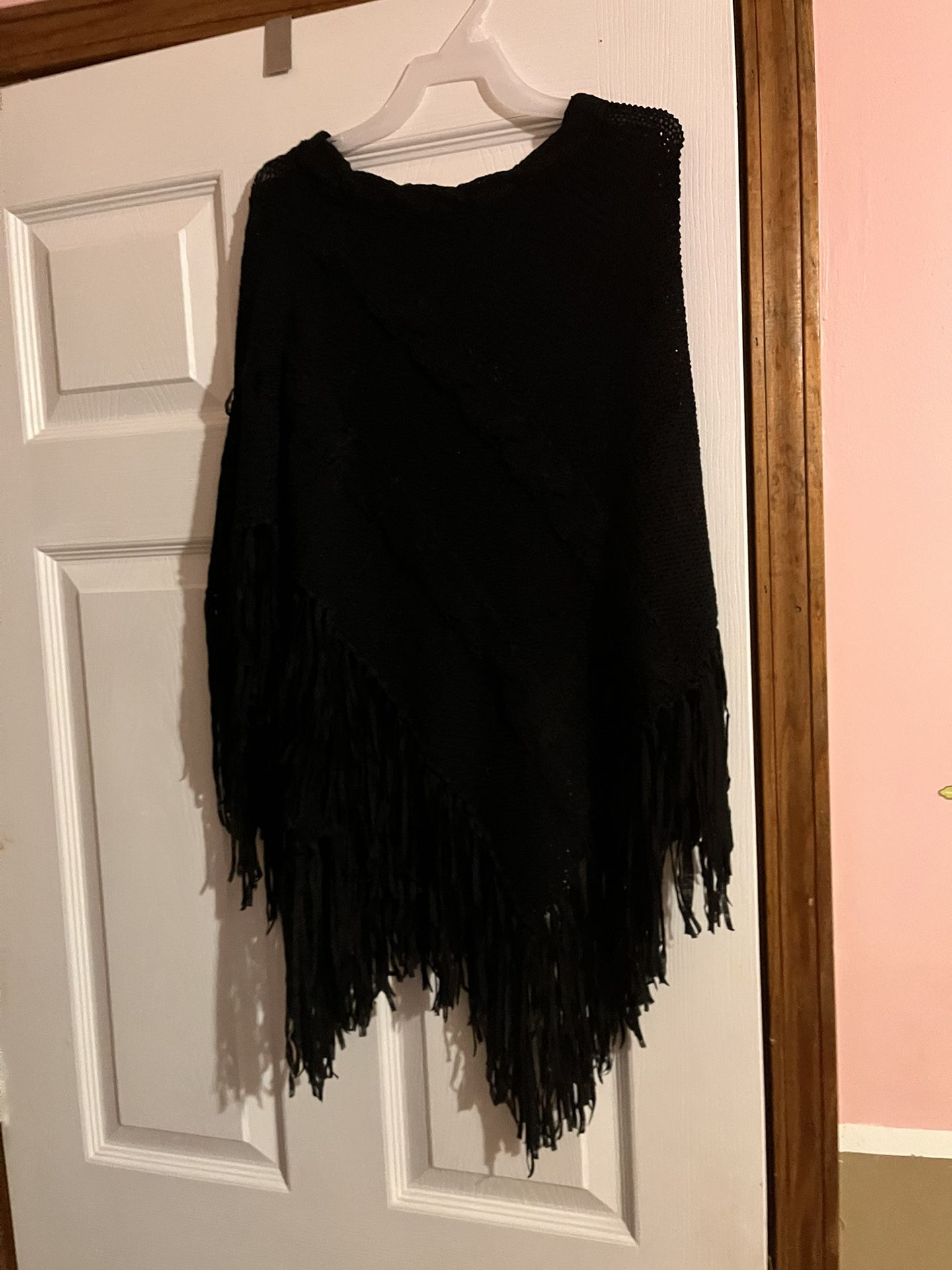 Girls Black Fringed Over The Head Poncho 