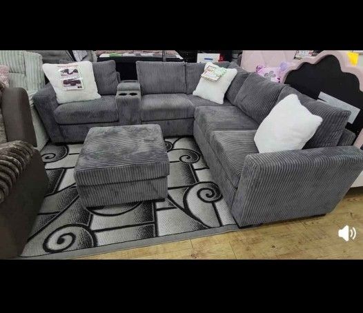 Corduroy Sectional Sofa With Console And Ottoman