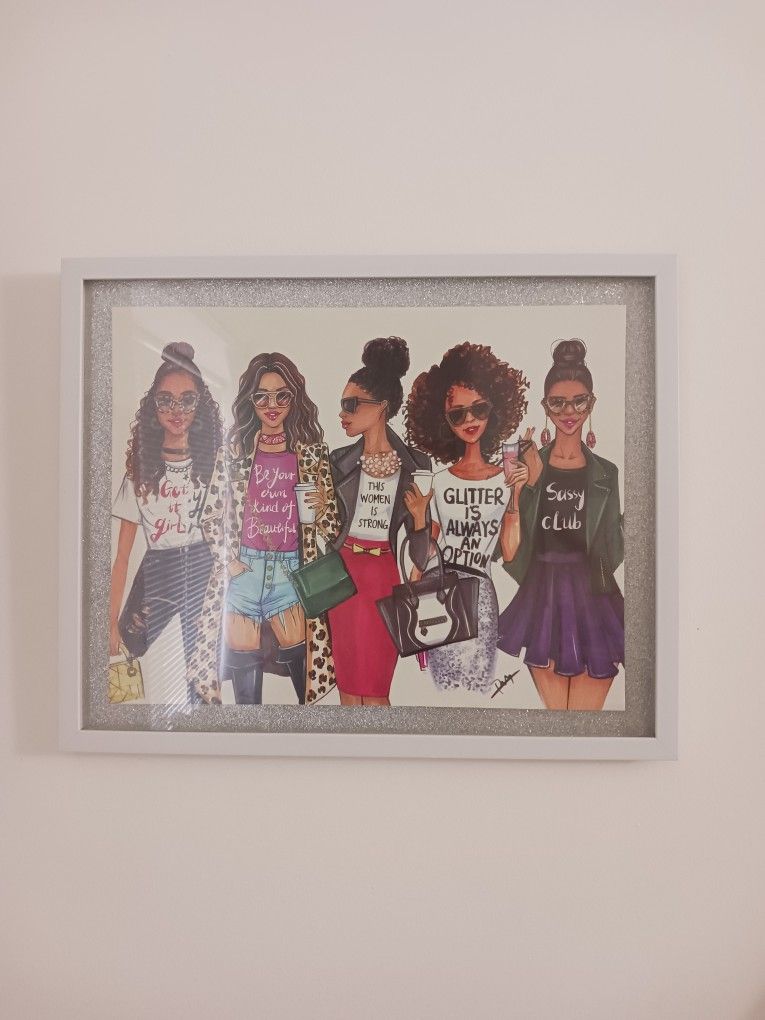 ✨ “Sassy Squad” Fashion Illustration Wall Art – Framed Glitter Accent Print – Modern Girly Décor