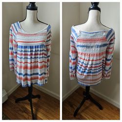 Anthropologie Meadow Rue Smocked Top large Peasant 3/4 Sleeve Stretch Rayon Red, white and blue stripes; smocking at bodice and upper sleeves; soft st