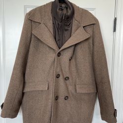 Kenneth Cole Men's Double Breasted Wool Blend Peacoat with Bib, brown