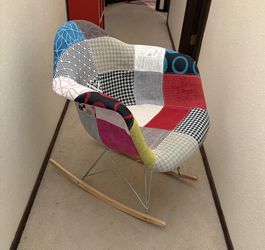 Modern Patchwork Rocking Chair – Eames-Style Rocker Base, Multicolor Fabric $65