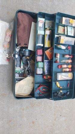 Vintage Fishing Tackle Box And Gear
