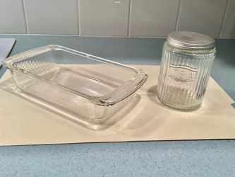 2 Vtg. 1920s-40s Glass Ribbed Kitchenware Miracle Maize Loaf Dish + Hoosier Tea Container