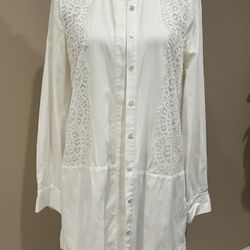 BCBGMaxAzria White 100% Cotton Lace Adorned Front Long Shirt/Dress, Size S