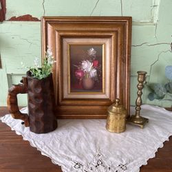 Vintage Floral Oil On Board Still Life Painting Framed Signed by Julia