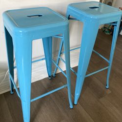 Two Metal Bar Stools - Light Blue
