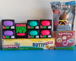 Schylling NeeDoh Funky Pup, Squeeezy Butter & Dice, Hershey's Kisses Squishi Toys. $10 Each