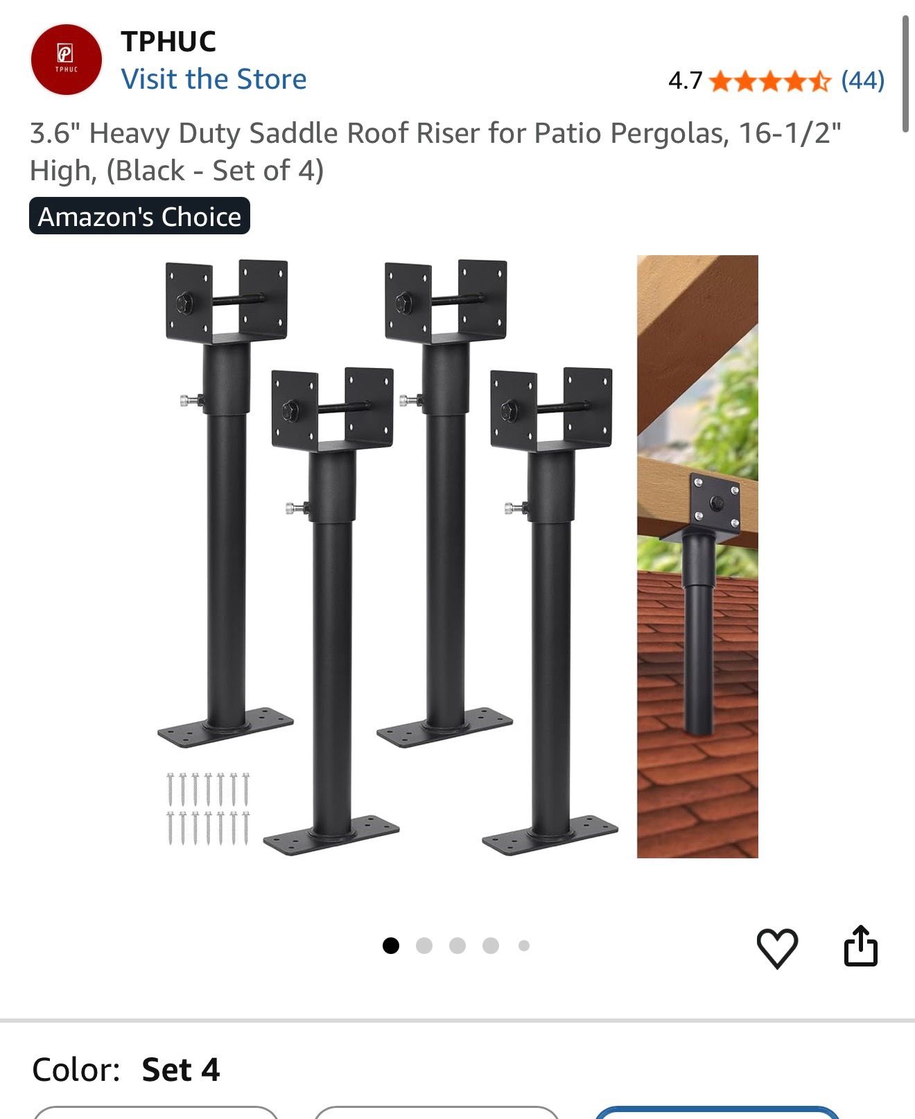 3.6" Heavy Duty Saddle Roof Riser for Patio Pergolas, 16-1/2" High, (Black - Set of 4)