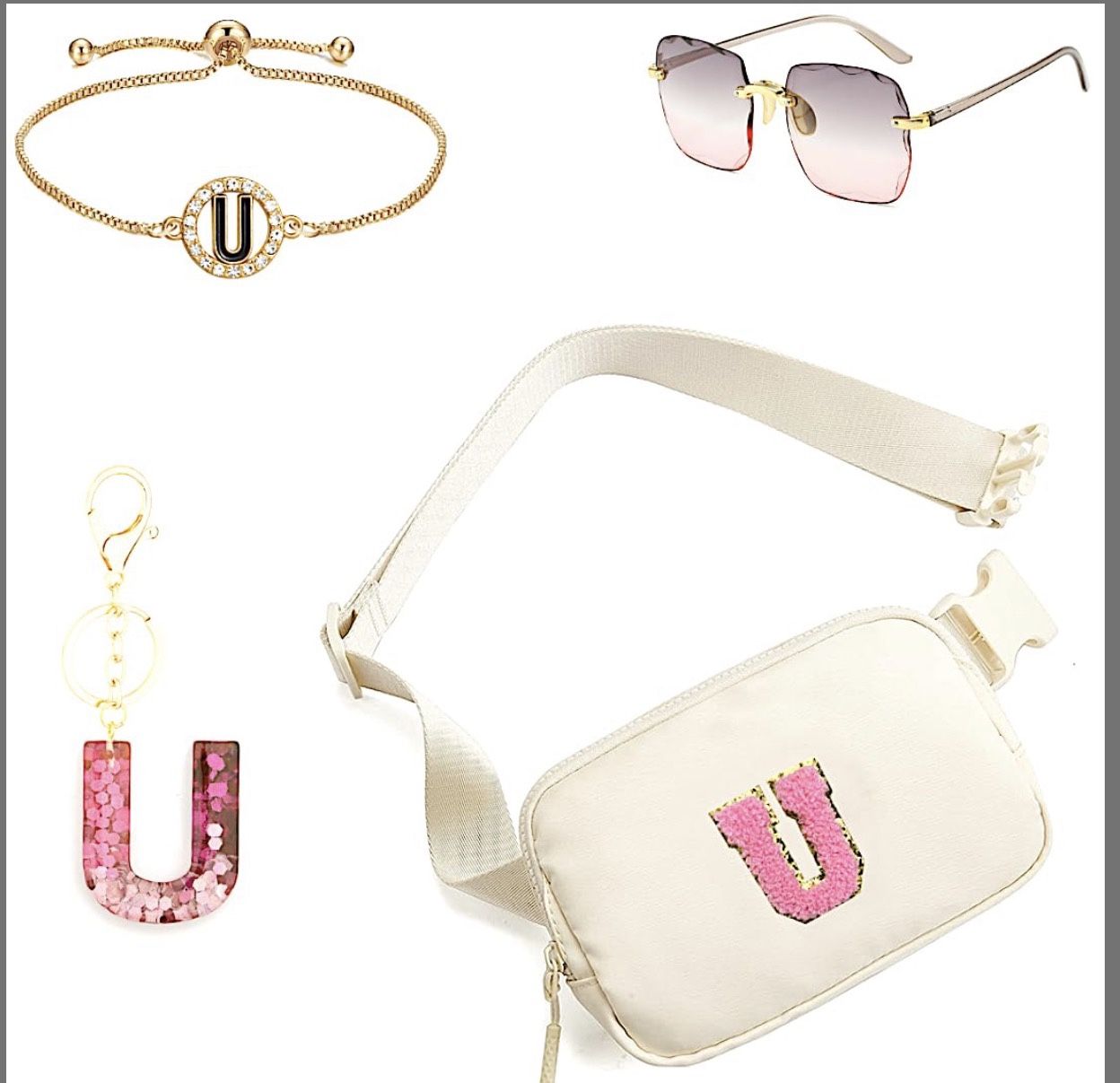 Personalized Initial Fanny Pack Belt Bag For Teen Girls - contains Bracelet, Keychain & Sunglasses