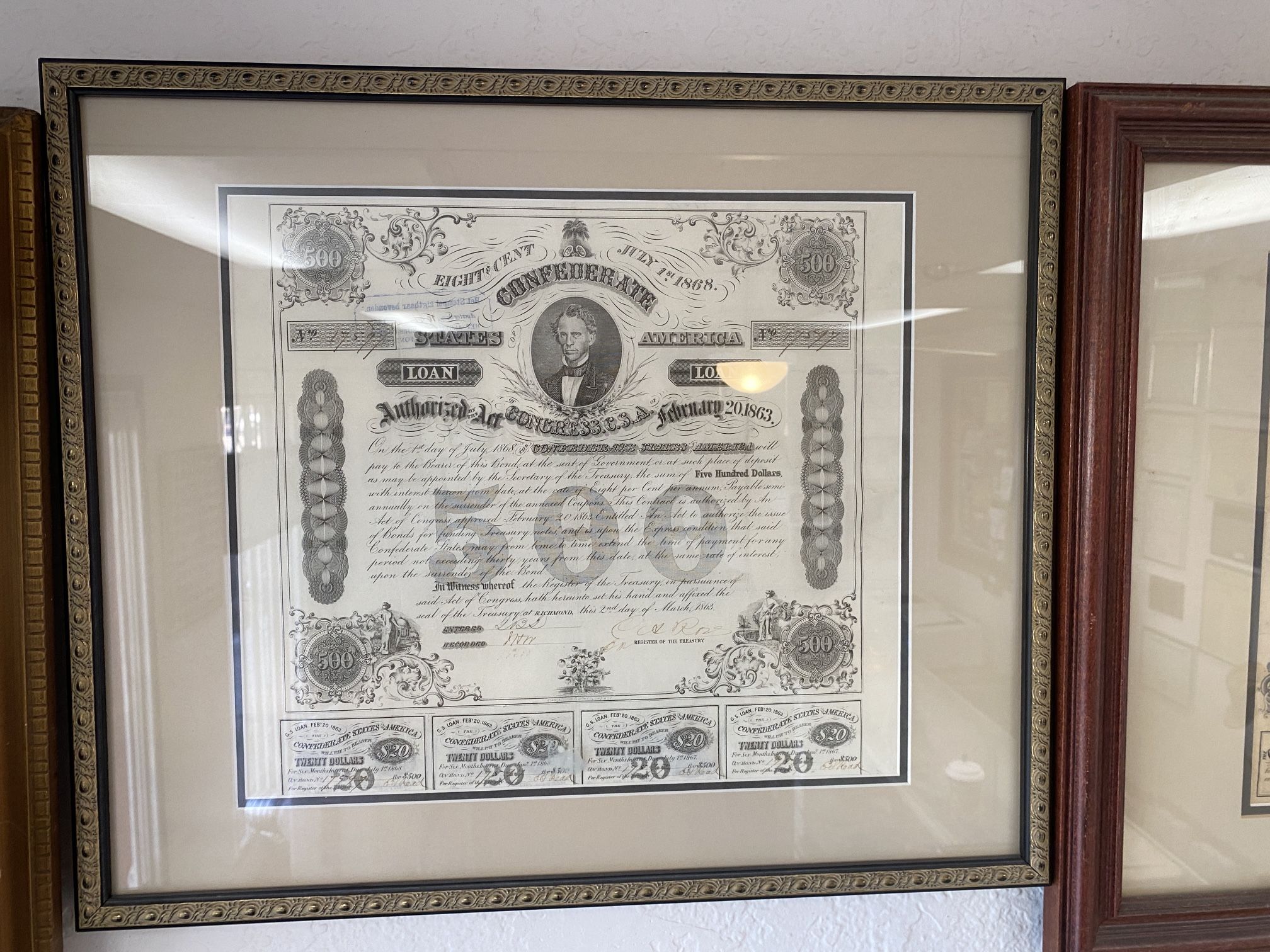 $500 confederate Civil War bond with COA