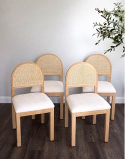 Dining Chairs Set of 4, Farmhouse Upholstered Rattan Chairs with Chenille Seat for Kitchen Dining Room, Natural Wood