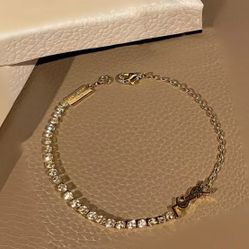 Alphabet Logo Glass, Brass, Metal, Rhinestone Bracelet Women Gold