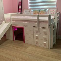 Girls Twin Bed With Loft, Dresser, Mattress, Sheets, Decorations And More (See Description For Details)