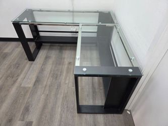 Tempered Glass Top L-Shape Corner Desk, Espresso Office Computer Desk with Chrome Accents