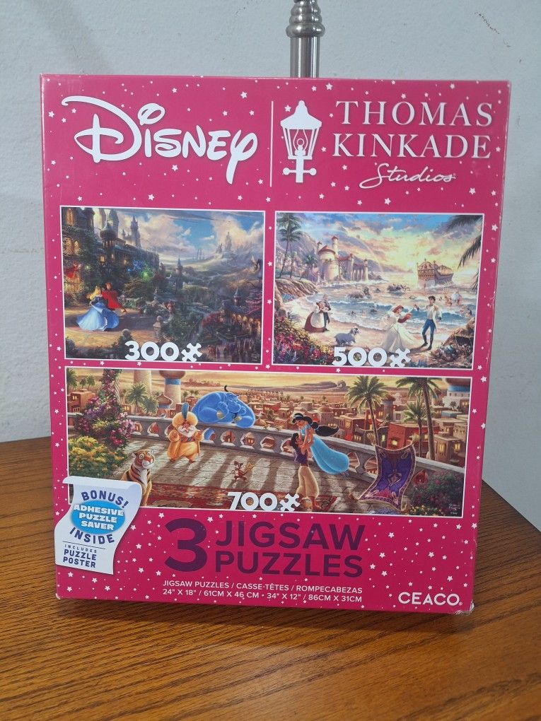 New/Sealed!! Thomas Kinkade Disney Princesses 3 Interlocking Jigsaw Puzzles
