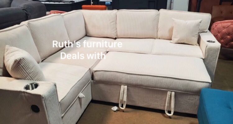 2-pc Sectional Sofa Couch With Pull-out Bed & Storage Ivory Corduroy