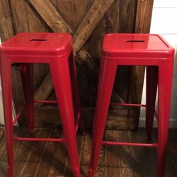 Red Metal Bar Stools - Set of 2 - 30” Tall