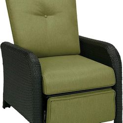 Hanover Strathmere Outdoor Patio Luxury Recliner Lounge Chair with Thick Foam Cushions, Steel Frames, Brown Wicker and Cilantro Green Cushions