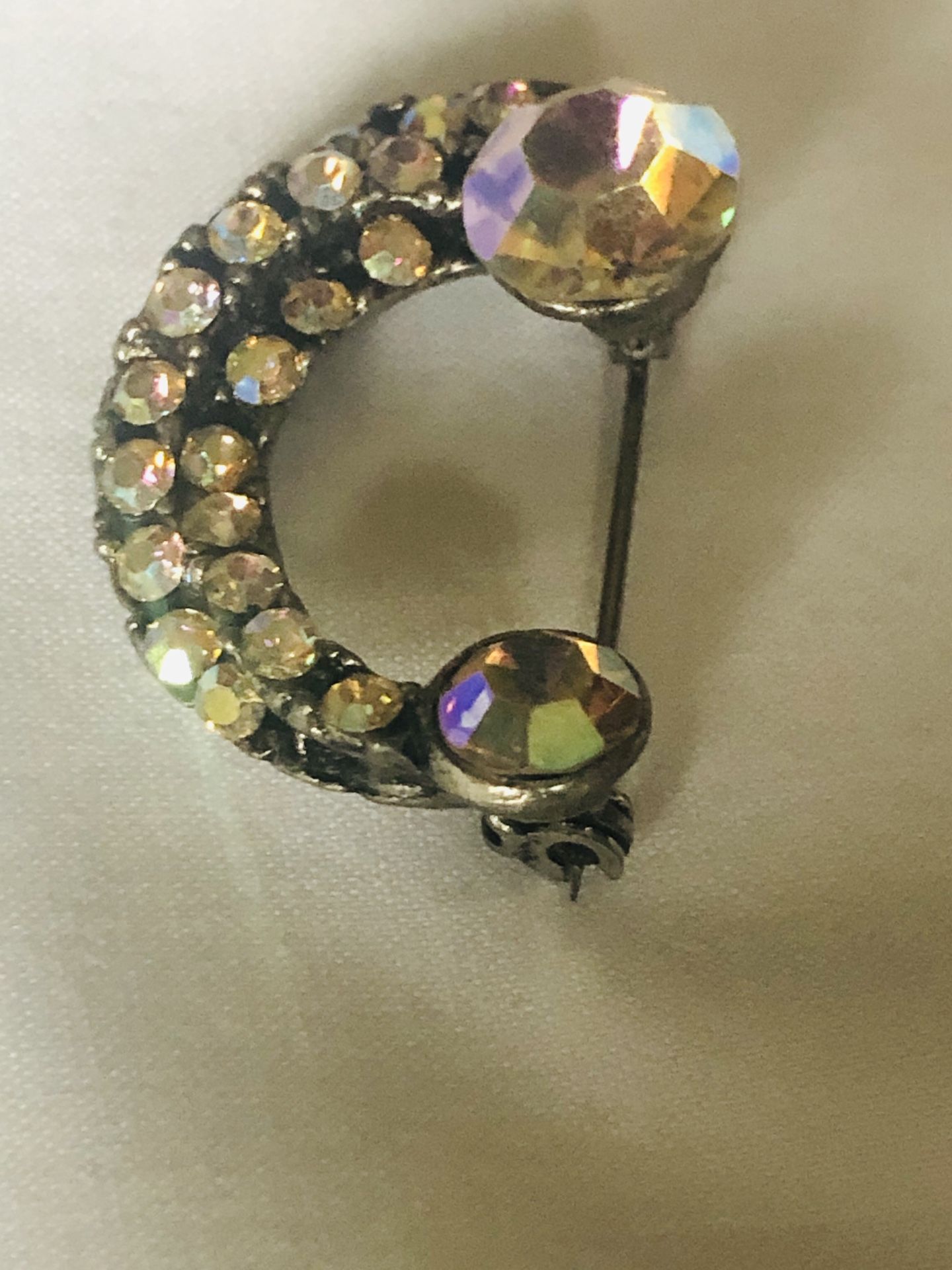 Antique 1930’s glass Rhinestone half moon brooch pin excellent condition