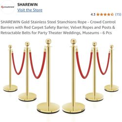 $80 Brand New RED SHAREWIN Gold Stainless Steel Stanchions Rope - Crowd Control Barriers with Red Carpet Safety Barrier, Velvet Ropes and Posts & Retr