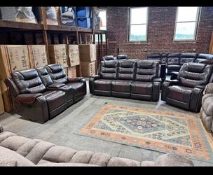 3PC BROWN LEATHER RECLINING LIVING ROOM SET – SOFA, LOVESEAT & CHAIR – $1650