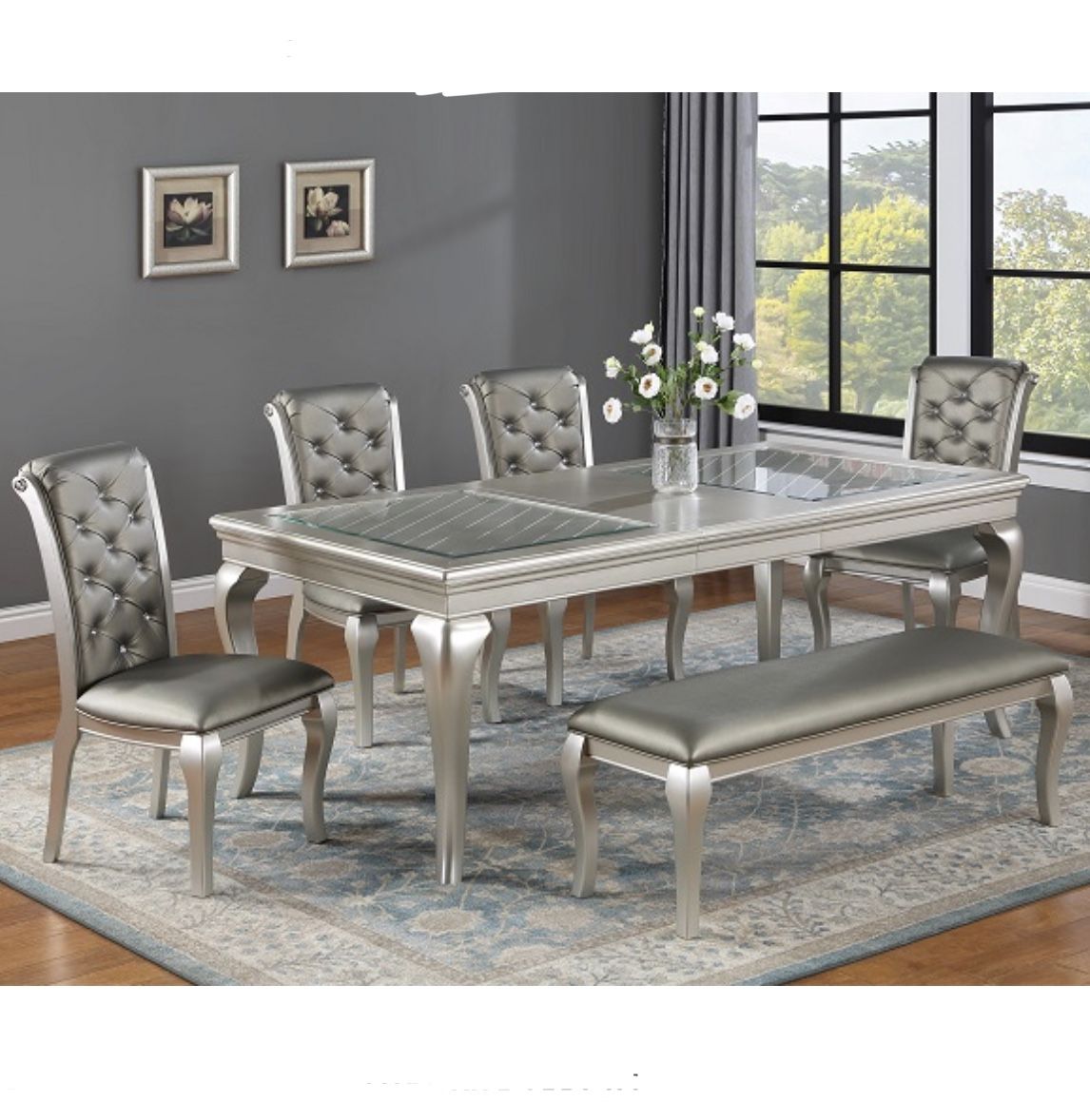 Brand New In Box Firm Price. $780 Champagne Color Dining Set Faux Crystal Tufted 