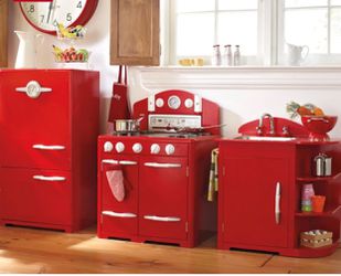 Pottery Barn Kids Play Red Retro Kitchen Collection fridge stove