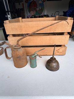 Vintage Oil Cans and Wooden Crate Lot