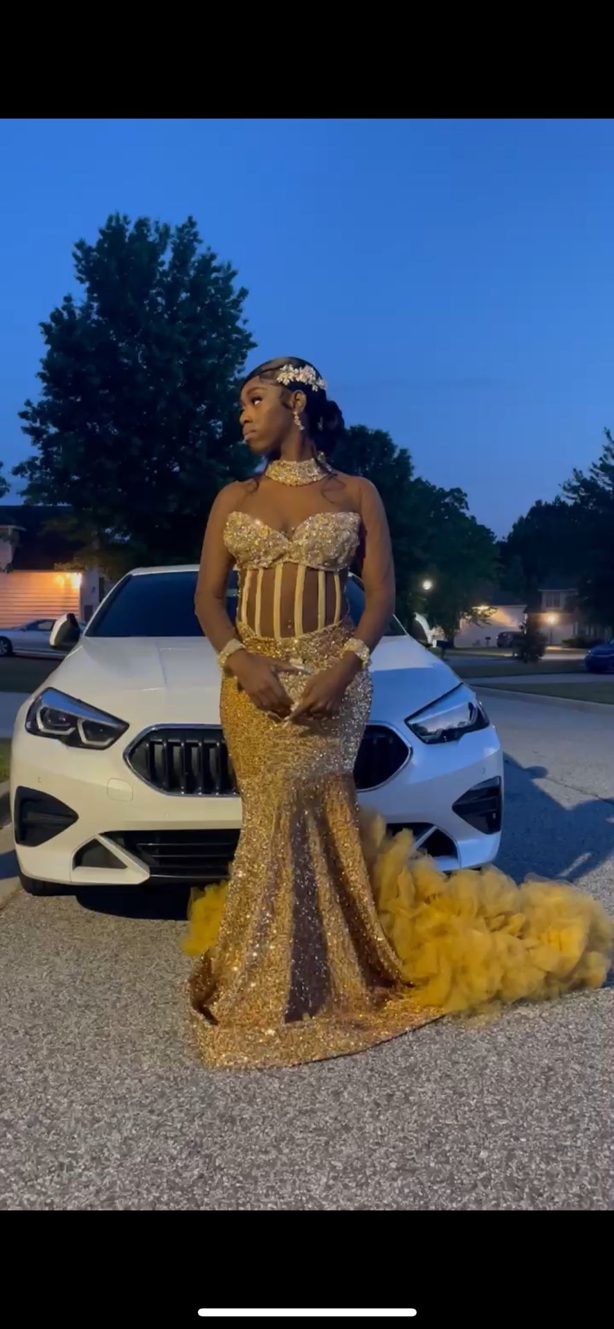 Gold Rhinestone Corset Prom Dress