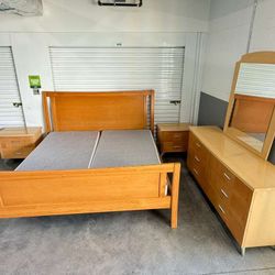 King Light wood bedroom set - bed frame, dresser with mirror, 2 nightstands
