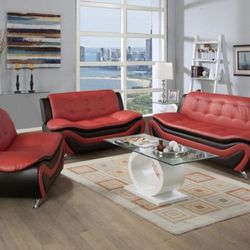 Red And Black Leather Living Room Set Of Sofa, Loveseat And Chair Brand New 